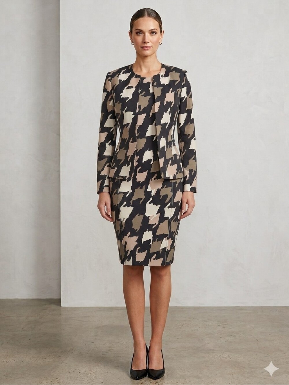 Kasper Black, White & Tan Abstract Print Shift Dress With Open-Front Blazer
